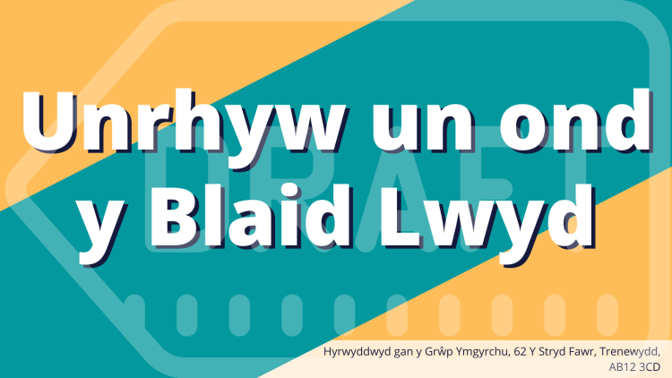 Ased ymgyrchu enghreifftiol yn erbyn plaid sy’n darllen fel a ganlyn: ‘Unrhyw un ond y Blaid Lwyd’. Mae yna argraffnod yn y gornel waelod ar yr ochr dde sy’n darllen fel a ganlyn: ‘Hyrwyddwyd gan Y Grŵp Ymgyrchu, 62 Y Stryd Fawr, Trenewydd, AB12 3CD’.